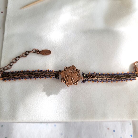 SATELLITE PARIS VINTAGE AMETHYST FACETED GLASS STONE COPPER BRACELET - Picture 2 of 4